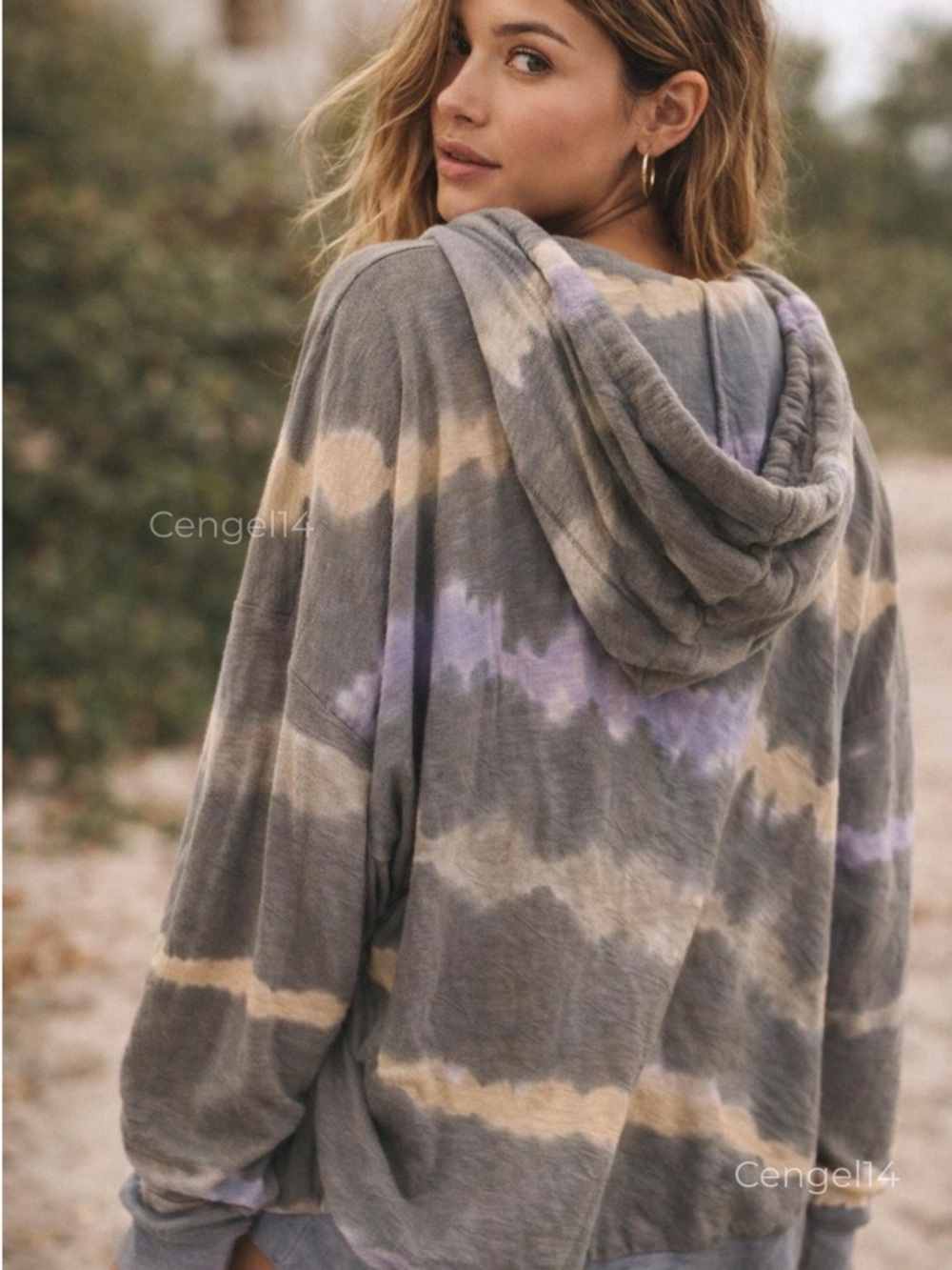 FP Movement Free People Oversized Tie Dye Hoodie Sage Gray Green Lavender NWOT L